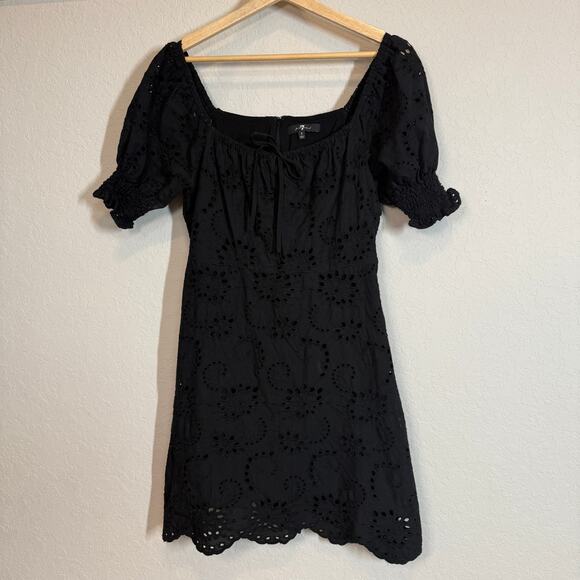 Women's 7 For All Mankind Black Eyelet Short Sleeve Tie Front Dress Size Small - Picture 2 of 10